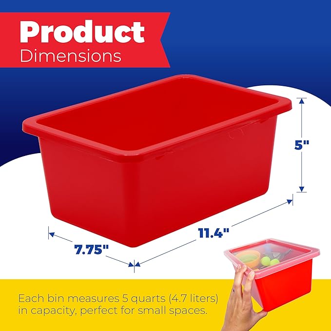 4E's Novelty Plastic Storage Bins with Lids, 5 Qt, 3 Pack, Colorful Plastic Cubby Storage Bins, Stackable Organizer Cubbies for Classroom Organization and Storage or Home (11.4" x 7.75" x 5")
