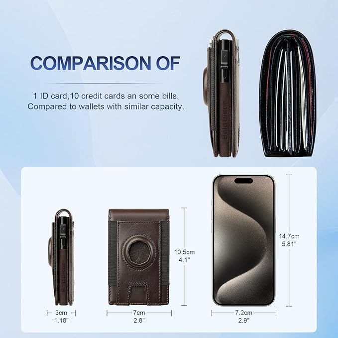 Magnetic Wallet with Card Holder for Iphone12~16, Slim & Minimalist Airtag Wallet with RFID Blocking Card Holder, Genuine Leather, Stretch Front Pocket (Coffee Brown)