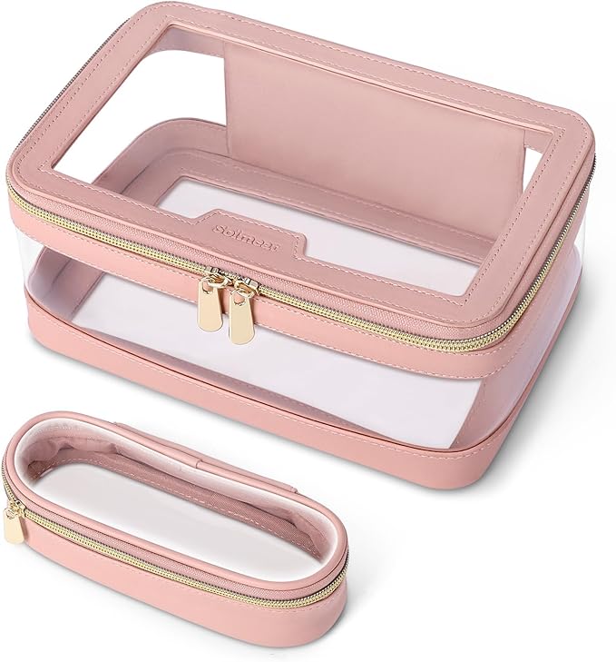 Soimeat Travel Clear Makeup Bag with Makeup Brush Bag, Leather Makeup Case Toiletry Bag, Portable Cosmetic Bag Case, Transparent Waterproof Cosmetic Organizer Storage Bag for Women, Pink