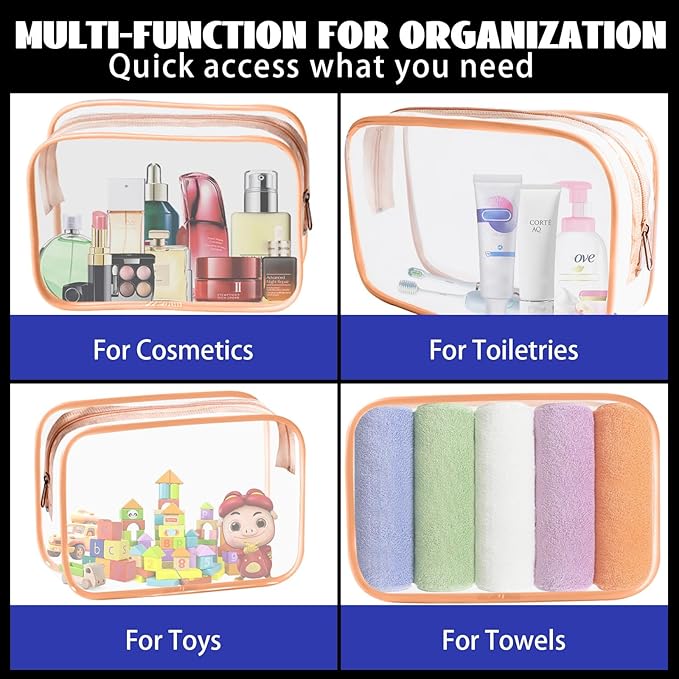 YedsIntu 16 Pieces Clear Cosmetic Bags, Large Transparent Makeup Bags, TSA Approved Toiletry Bag for Travel, PVC Waterproof Clear Pouch with Zipper Make Up Bag for Women and Men Traveling (Orange L)