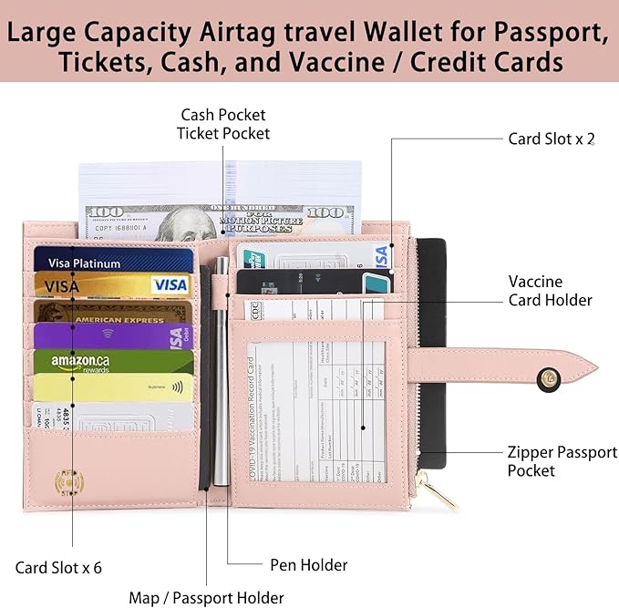 Passport Holder for Travel,Leather Passport Wallet,Travel Document Organizer with AirTag Slot,RFID Blocking With Credit Cards Case,Zippered Coins Pocket and Cash Slot for Women Men