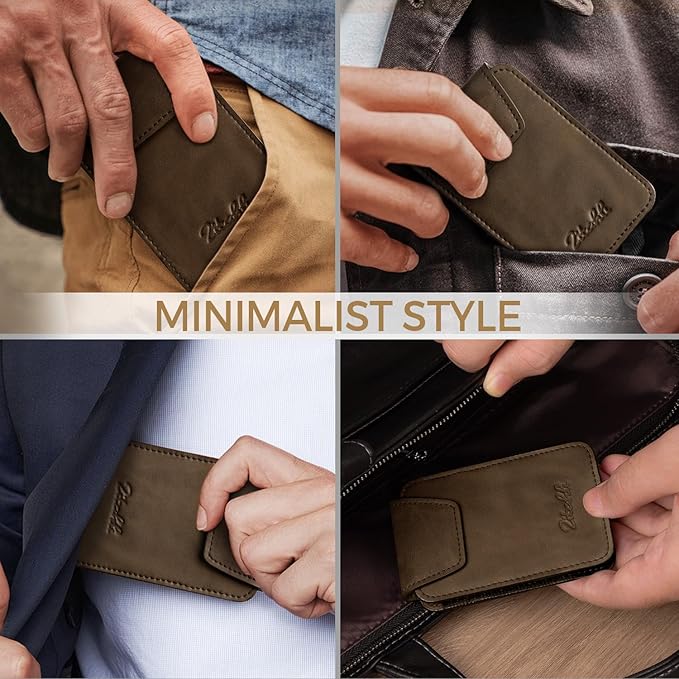 Zitahli Slim Wallet for Men with Pull-Up Tab & Cash Strap - Front Pocket Minimalist Easy Access Card Holder, RFID Blocking, Holds 8 Cards & 10-15 Bills