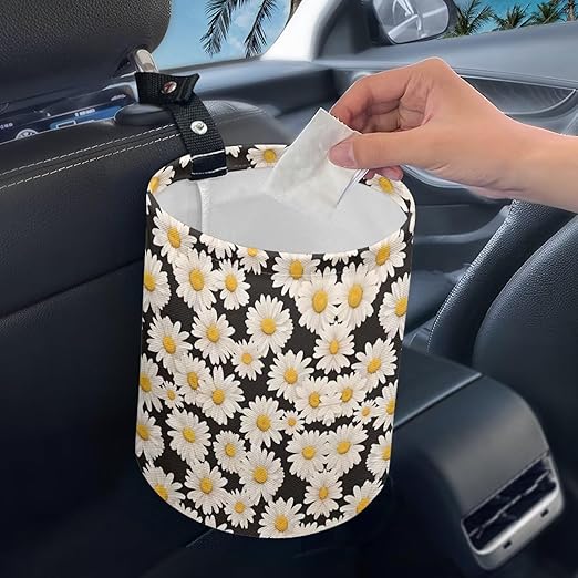 White Daisy Florals Car Trash Storage Box Multifunctional Garbage Bags for Car, Office, Home, Travel Camping Accessories, Keep Tidy