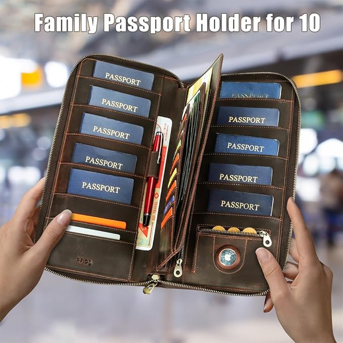 CONTACTS Family Passport Holder for 10 Full Grain Leather Compatible with Airtag Passport Holder for Family Travel Document Organizer Multiple Rfid Blocking Passport Wallet