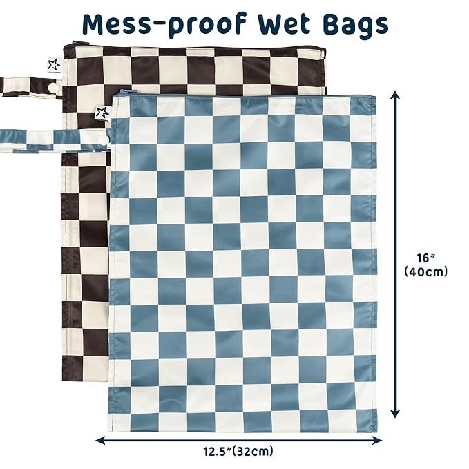 Tiny Twinkle Mess Proof Wet Bags | 2-Pack Reusable Waterproof Wet Bags for Swimsuits | Baby Clothes | Travel & Diaper Bag (Blue, Black Checkers)