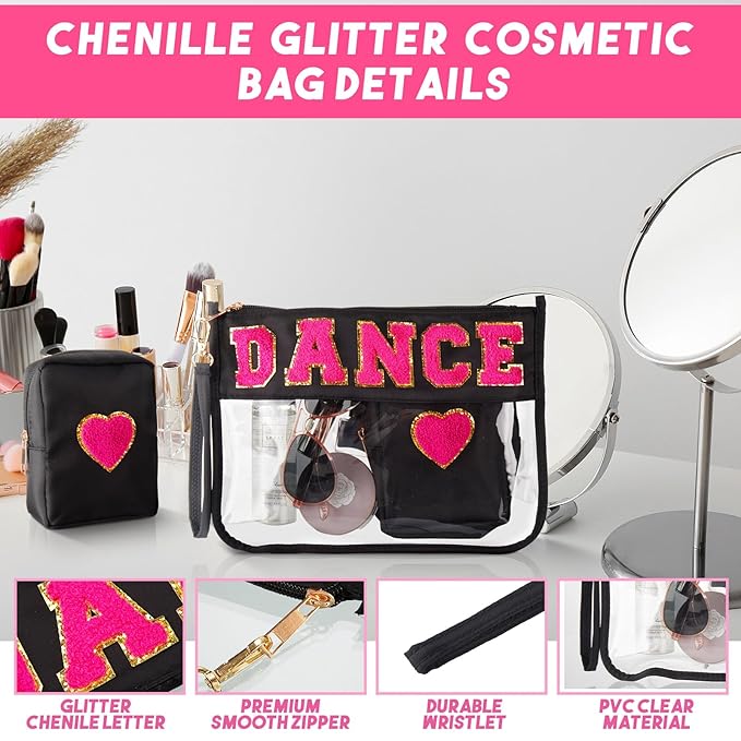 Hillban 2 Pcs Dance Recital Gifts for Teacher Christmas Clear Makeup Bag Chenille Letter Patch Cosmetic Bag Dance Competition Gift Toiletry Pouches with Zipper Waterproof Travel Purse Dancer Stuff