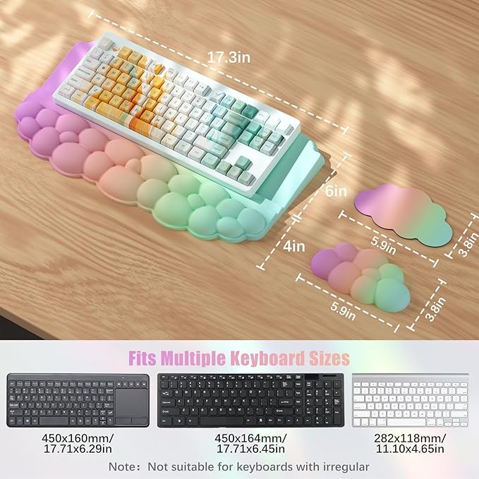 Ergonomic Wrist Rest for Keyboard, Soft Memory Foam Cloud Keyboard Stand Pad with Wrist Rest Set with Non-Slip Silicone Base, Easy Typing, Pain Relief, Comfort for Computer Laptop Mac - Rainbow