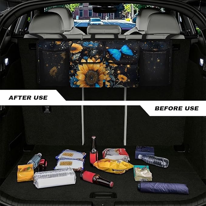 Sunflower Car Trunk Organizer,Large Capacity Car Storage Organizer,Butterfly Design Hanging Foldable Storage Vehicle Interior Accessories Universal Fit Not Easy to Fade