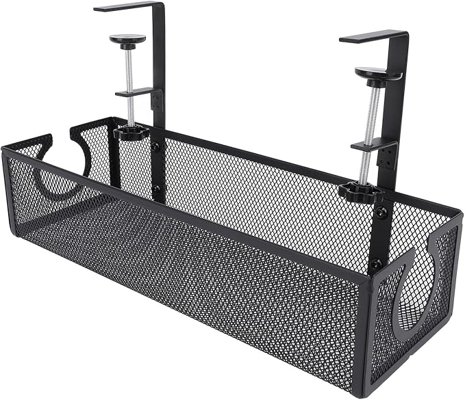 Under Desk Cable Management Tray, Carbon Steel Cord Organizer with Side Round Hole and Trapezoidal Design, Metal Desk Cable Management System for Office Study Workstation (Black)