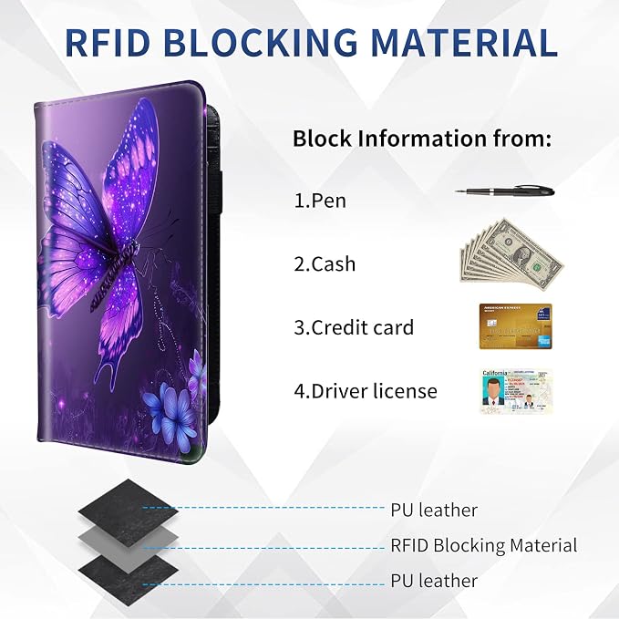DEGDFSGR Checkbook Cover - Premium Leather Standard Duplicate Register Check Card Book Holder Wallet with RFID Blocking Function for Girl Men Women,Purple Butterfly