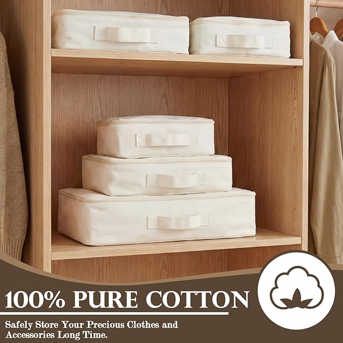Shinymoon 3 Set 100% Cotton Packing Cubes with Handle Travel Luggage Storage Organizer Bags Beige Suitcases Bags Durable Zippers for Clothes Shoes Storage Weekend Plus Set(Regular Styles)