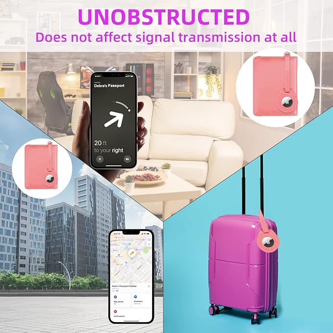 WALNEW AirTag Passport Holder, PU Leather Airtag Wallet RFID Blocking Passport Cover Travel Essentials Case for Women Men (Dark Pink)