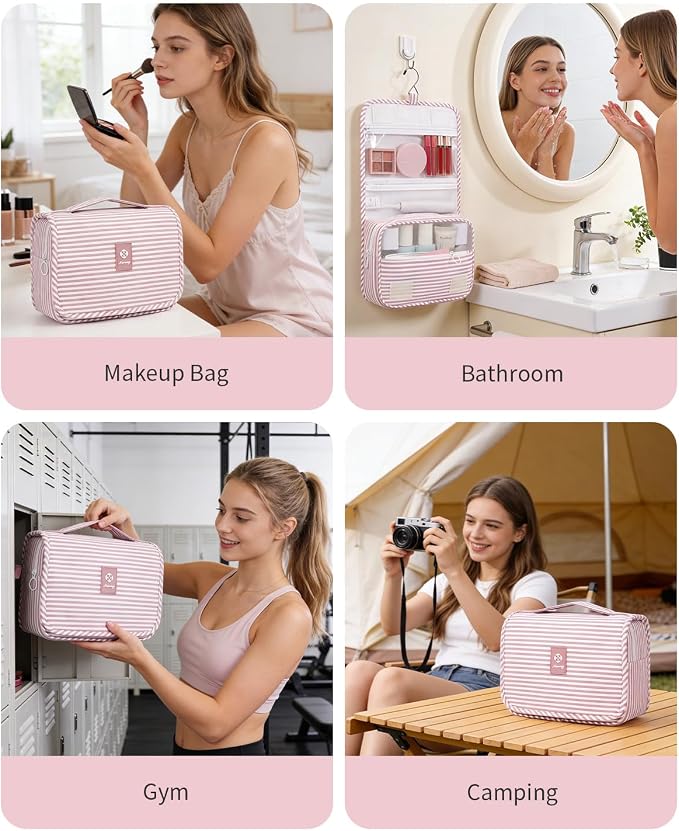 Narwey Small Hanging Toiletry Bag for Travel Women Girl, Striped Toiletries Travel Bag with Hook, Hanging Makeup Bag Organizer Make Up Cosmetic Bags, Gifts for Kids Teen (Dusty Pink Stripe)