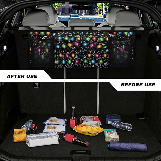 Christmas Colorful Lights Trunk Organizer,Capacity Car SUV Organizer with Elastic Net, Hanging Car Storage Bag with Lids, Space Saving Expert