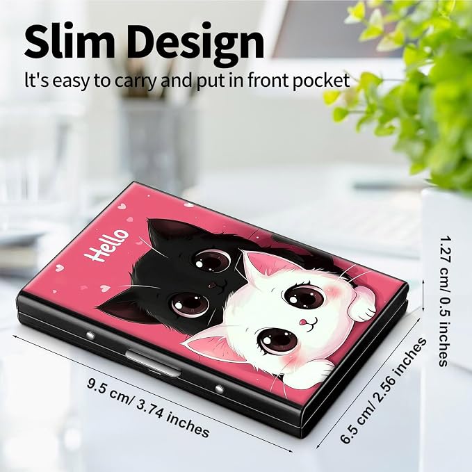 Metal Wallet, Credit Card Holder for Women Men Girls, RFID Blocking Aluminum Wallet Slim Hard Case, Mini Travel Wallet, ID Card Holder Business Card Case,Hello Cat
