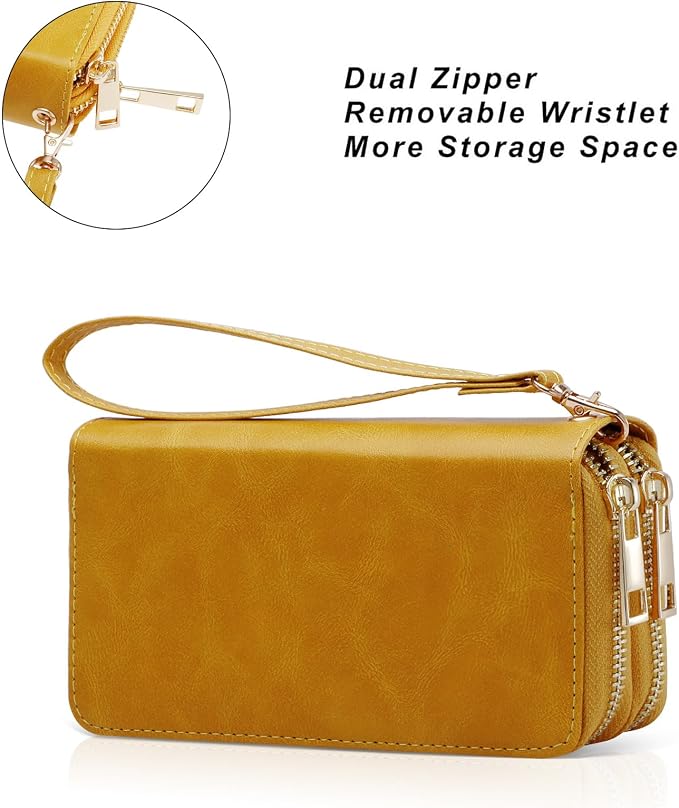 Cellphone Wallet for Women Dual Zipper Long Purse with Removable Wristlet