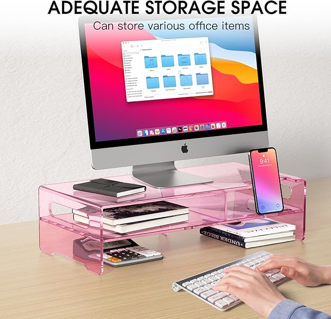 Pink Acrylic Monitor Stand Riser, 2-Tier computer stand with Storage, clear monitor stand for desk Suitable for laptops, printers, TV，desk organization With phone holder