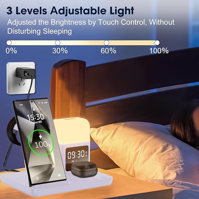 Wireless Charger for Samsung/Android, 6 in 1 Phone Nightstand Charging Station Charger with Alarm Clock/Night Light for Samsung S25/S24/S23 Ultra/Buds3,Watch Charger for Galaxy Watch 8/7/6/5-Purple