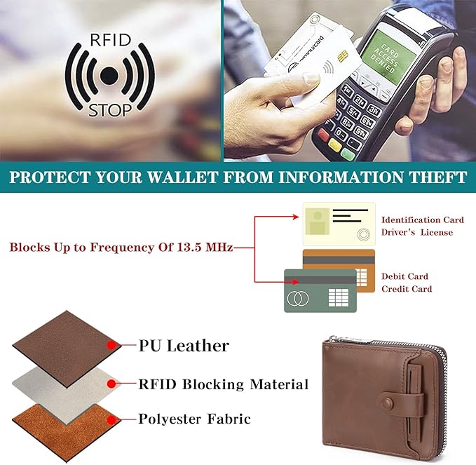 Zipper Wallet for Men Leather Bifold Pocket Wallets RFID Blocking Zip Coin Credit Card Wallets -Big Capacity For Travel