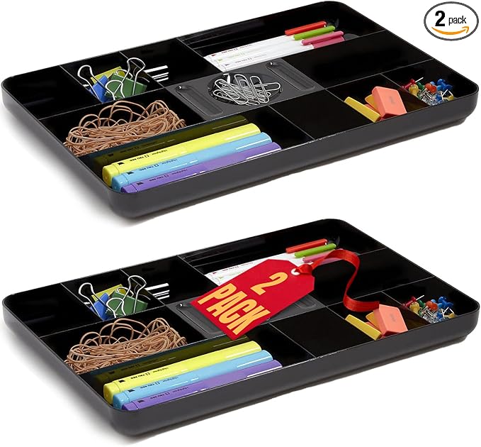 1InTheOffice Desk Drawer Organizer Tray, Desk Drawer Tray, 13-Compartment, Black, 2 Pack