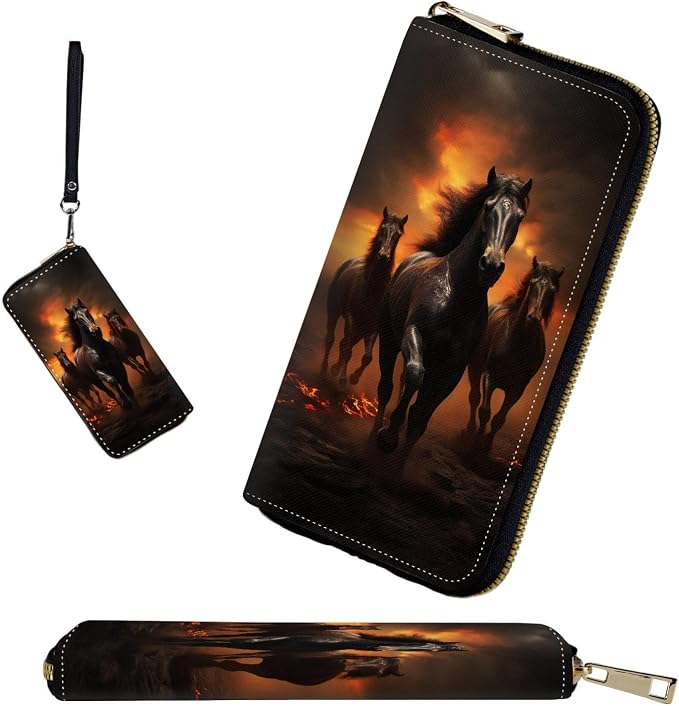 RFID-Blocking Zip Around Wallets for Women with Detachable Wrist Strap,Large Capacity Phone Holder with Card Organizer & Coin Pocket,Red Flame Black Horse