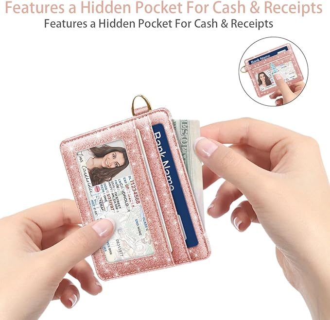 Slim Minimalist Front Pocket RFID Blocking Credit Card Holder Small Wallet Cute Card Cases for Women,Glitter Rose Gold