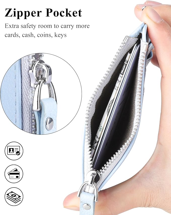 Teskyer Slim Card Holder Wallet with Zip Pocket, RFID Blocking, Total 9 Compartments Large Capacity, 3.5" x 4.7" (Slight Larger Than Usual), Faux Leather - Cyan