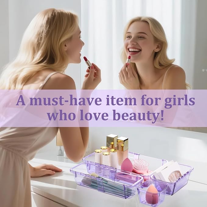 20 Pcs Adjustable Clear Drawer Organizer, Extendable Vanity Storage Bins, Desk Drawer Organizer Set for Makeup, Cosmetics, Bedroom, and Gadgets, Purple