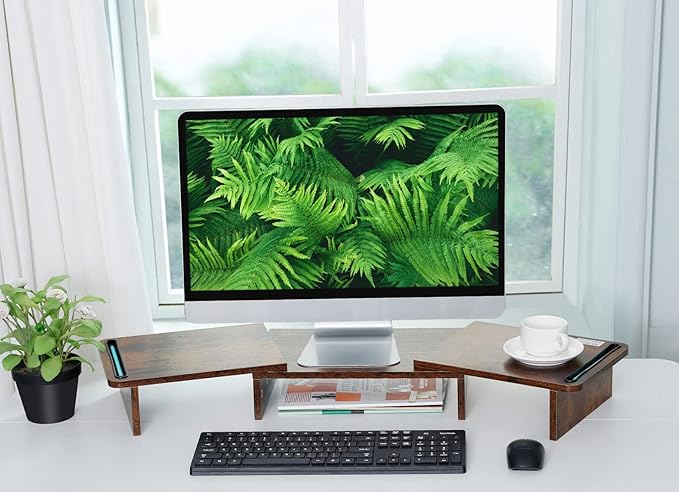 Dual Monitor Stand Riser with Storage, Adjustable Length & Angle Wooden Desk Shelf for 2 Monitors, Computer Stand for Home Office, PC, Laptop, Printer
