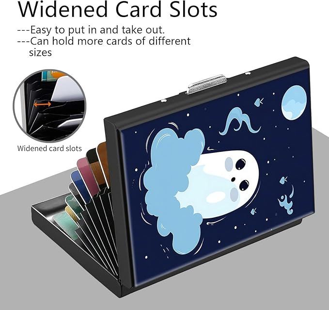 Credit Card Holder, Cute Small Spooky Halloween Design Mini RFID Blocking Aluminum Wallet Slim Metal Hard Case Shell Travel Wallet ID Case Small Credit Cards Case Business Cards for Women Men