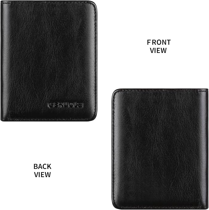 Bifold Slim Men Wallet Genuine Leather Thin, Small Vertical RFID Blocking Wallets for Men ，Compact & Stylish with Clear ID Windows (Black)