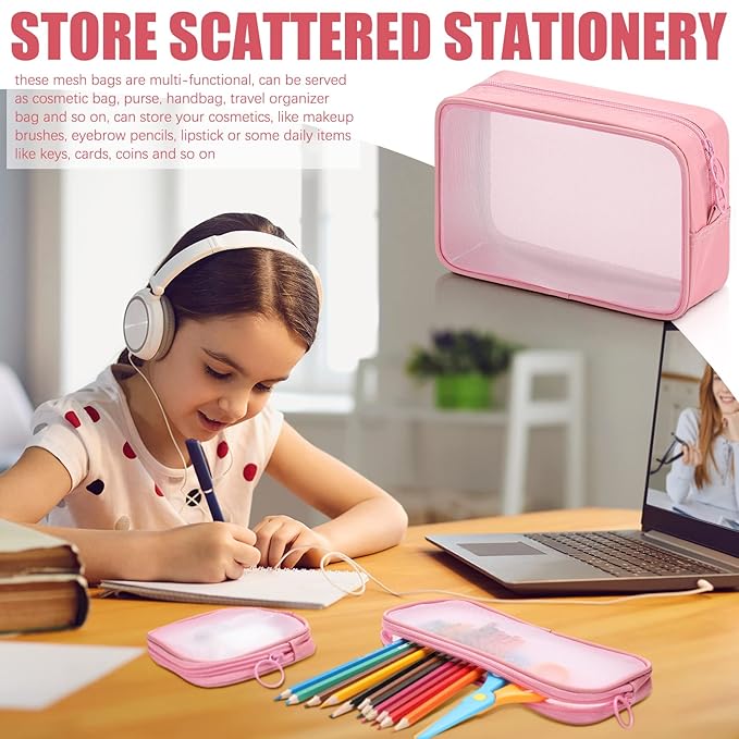 Weewooday 4 Pcs Mesh Makeup Bag Mesh Cosmetic Bag Travel Toiletry Pouch with Zipper Mini Makeup Cosmetic Purse for Daily Accessory(Small, Large, Medium,Pink)