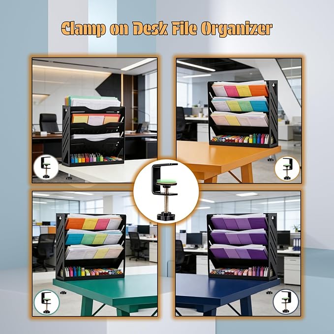 Yuxh Clamp on Desk File Organizer 4-Tier Wall Mail Holder Metal Hanging Paper Rack Black Office Bills Storage with Bottom Tray, Clip on Table Shelf 13" Wall Mount Stand, Stable without Shaking