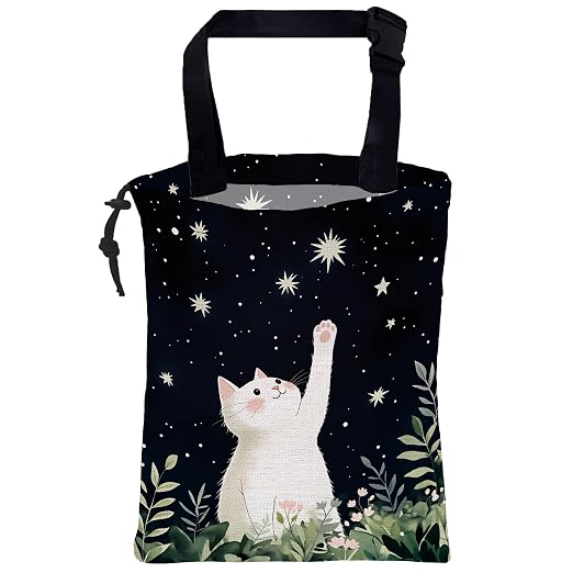White Cat Starry Night Car Trash Bag Botanical Cat Leak-Proof Waterproof Car Garbage Bag with Drawstring Foldable Canvas Trash Bin with Adjustable Buckle for Car Accessories, Travelling, Camping