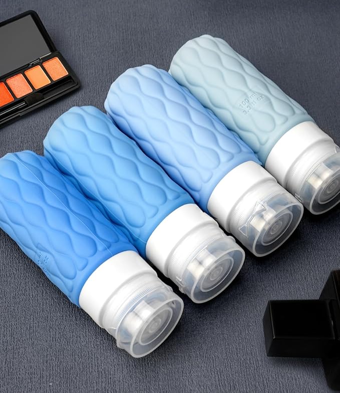 100 ml Silicone Travel Bottles for Toiletries with Labels/Clear Bag, Holiday Travel Essentials Leakproof Refillable Squeeze Travel Size Containers Set for Shampoo and Conditioner