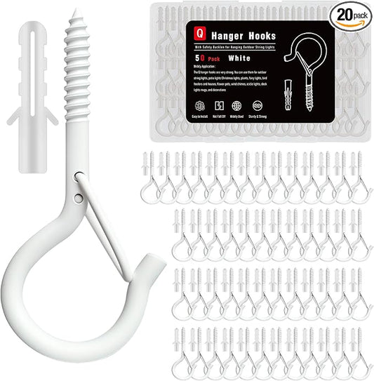 Black Screw Hooks with Safety Lock 2.3" Rustproof Metal Ceiling Hooks for Hanging Plants, Baskets,String Lights & Outdoor Decor, 40LB Capacity (50, White)