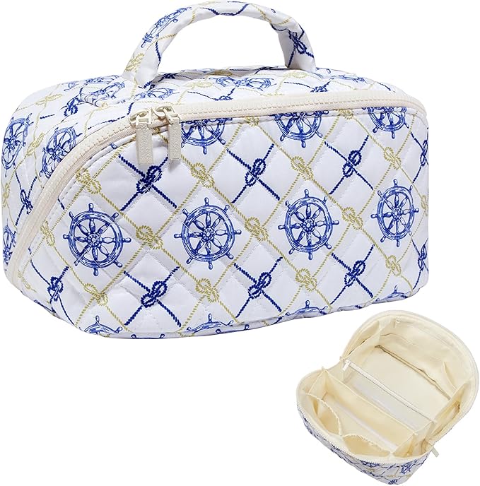 Nautical Travel Makeup Bags for Women Cruise Ship Sailing Trip Essentials Large Lay Flat Quilted Cosmetic Pouch Make Up Brush Organizer, Birthday Gifts for Mom Mothers Day Teacher Nurse Blue Anchor
