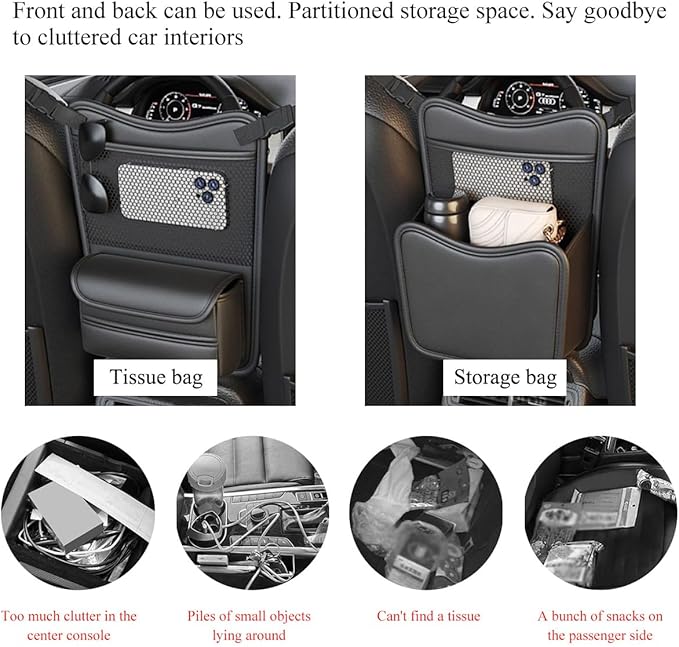 DXNQ Car Organizer Storage Between Seats, Leather Large Capacity Automobile Handbag Hanging Store Content Bag, Auto Console Organizer Holder for Snack Phone Document Storages, Car Accessories (Black)