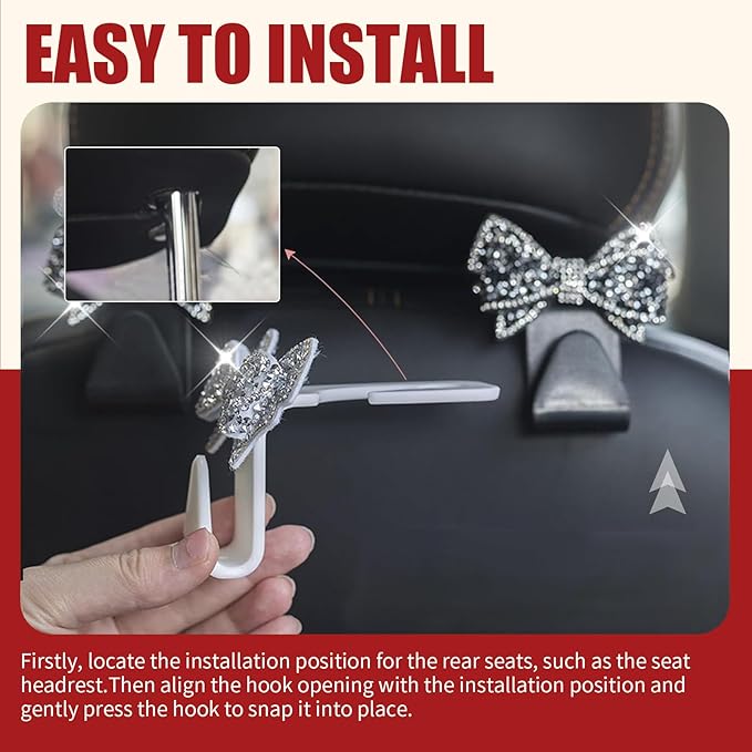 2 PCS Bling Bow Car Headrest Hook, S Type PVC Seat Back Hanger for Purses Bags Grocery, Sparkling Rhinestone Car Seat Hook Storage Decor, Universal for Most Vehicles (Black)