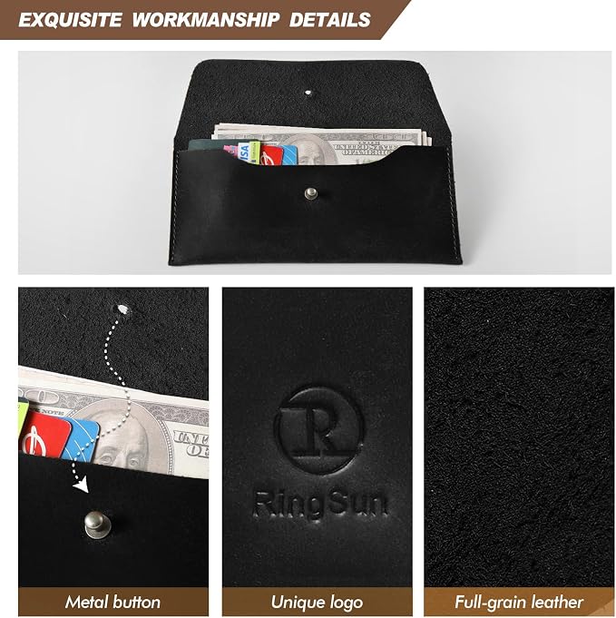 Ringsun Genuine Leather Cash Envelopes, Reusable Budget Envelope, Retro Clutch Wallet, Minimalist Wallet for Men & Women, Black