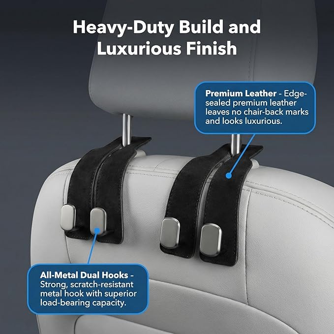 2-Pack Premium Purse Hook for Car, All-Metal Dual Hooks with Thickened Suede Leather - High Load-Bearing, Easy Installation, Universal Car Hooks for Purses and Bags