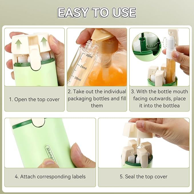 4 in 1 Travel Dispenser Bottle, 30ML/Pack Squeeze Bottles, Portable Refillable Containers for Toiletries/Shampoo/Conditioner/Shower Gel (Green)