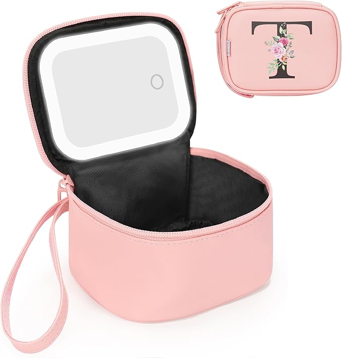 Relavel Mini Makeup Bag with Led Mirror, Initial Makeup Bag for Women, Personalized Make Up Pouch with Adjustable Brightness, Preppy Travel Toiletry Bag for Camping - Pink T