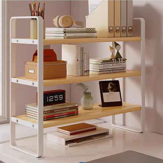 Gtzly 3 Tier Desktop Bookshelf Metal Frame Wood Board Rack Shelves Plant Stand for Kids Stationery Organizer Living Room Storage Office Display(Natural,60 * 20 * 60cm)