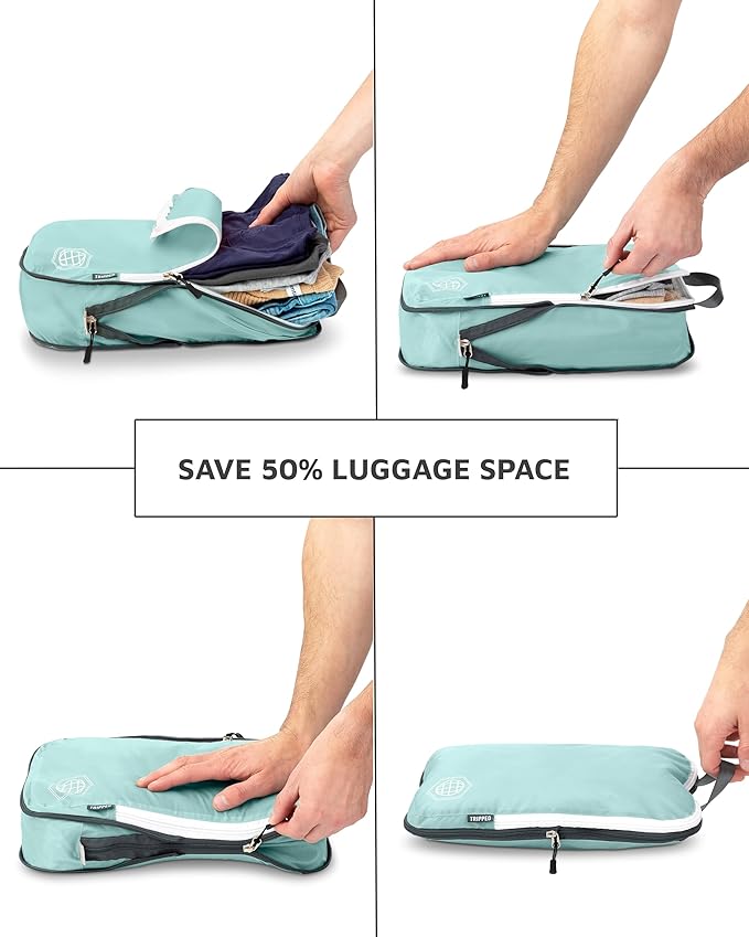 Compression Packing Cubes for Travel, 6-Piece Lightweight Packing Cubes Set for Carry-On Luggage & Backpacks – TRIPPED Travel Gear (Dusty Teal/White)