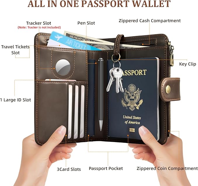 Genuine Crazy Horse Leather Passport Wallet, RFID Blocking Passport Holder with Tracker Slot, All in One Travel Wallet for Women/Men, Secure Passport Cover Case for Airport Essentials (Dark Brown)