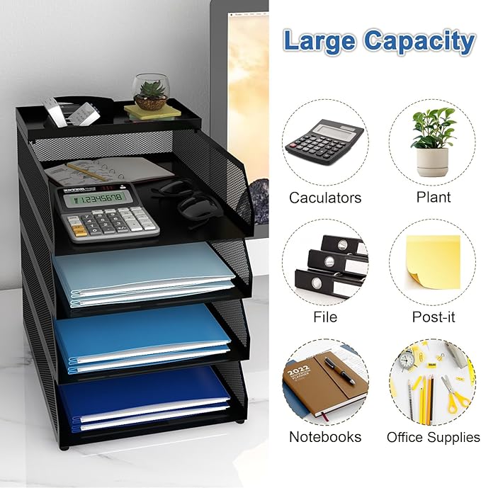 Natwind 4-Tier Paper Organizers,Desk Organizer,Stackable Paper Tray, Desk Accessories,Metal Mesh Desktop Organizer,Letter Trays,File Document Storage Rack for for Home, Office, School (Black)