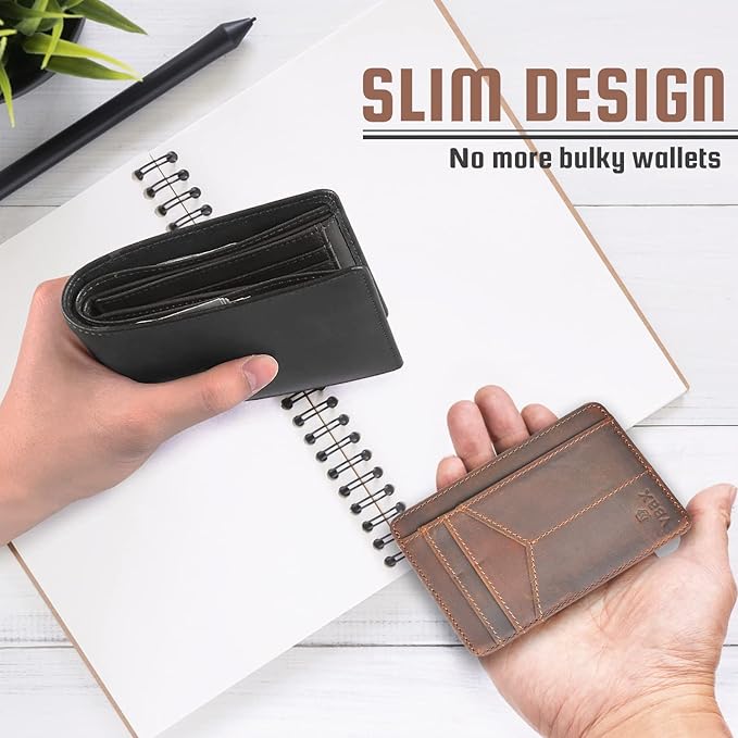 RFID Slim Wallet for Men Women, 8 Card Slot Leather Minimalist Front Pocket Credit Card Holders, Vintage Leather