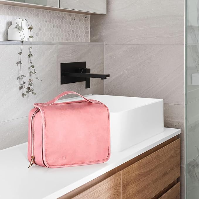 Elviros Hanging Travel Toiletry Bag for Women, 3-in-1 Large Makeup Bag and Cosmetic Organizer, Vegan Leather Waterproof Skincare Case for Travel Size Toiletries and Accessories, Gift for Women
