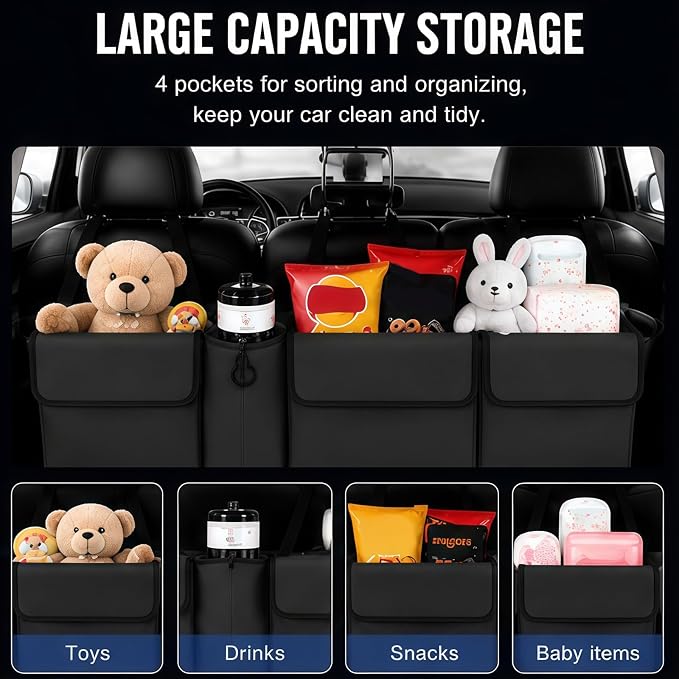 Car Trunk Organizer – Backseat Hanging Large Storage Bag with Adjustable Straps, Waterproof Collapsible Cargo Organizer with 4 Pockets, Space-Saving Trunk Storage for SUV Truck MPV (Black)